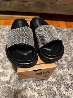 MIA Crystal-Embellished Black Slide Sandals